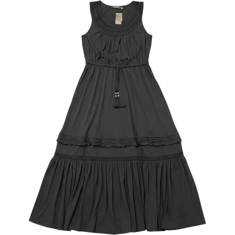 Lauren Ralph Lauren Dress Black Tiered Maxi Size 14 Crochet Trim‎ Cotton Modal